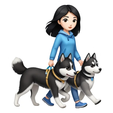 A black-haired girl walks a black and white husky sticker
