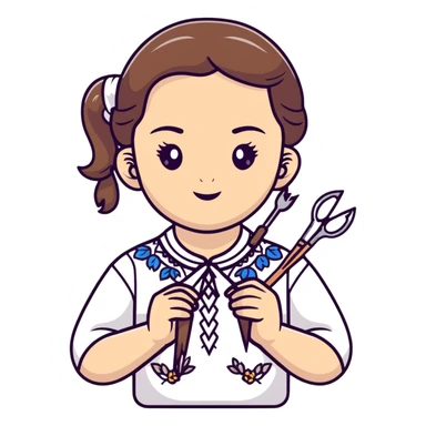 Ukrainian young girl in white embroidered traditional shirt holding needlework tools sticker