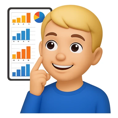 Person thinking with graphs in the background, smiling, in apple emoji style with a yellow background. sticker