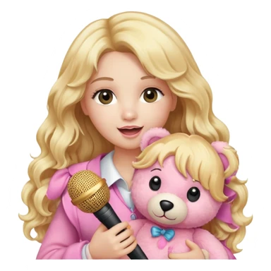 An emoji of a blonde female singer holding a plush pink teddy bear. She has long, wavy golden hair and is singing into a microphone with a passionate expression. The pink teddy bear is soft and fluffy, adding a cute and playful touch. A mix of glamour and sweetness sticker