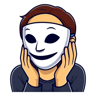 person holding a happy mask in front of their face, sad behind it sticker