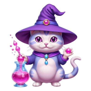 Purple witch cat full body with pink potion and blue potion bubbling  sticker