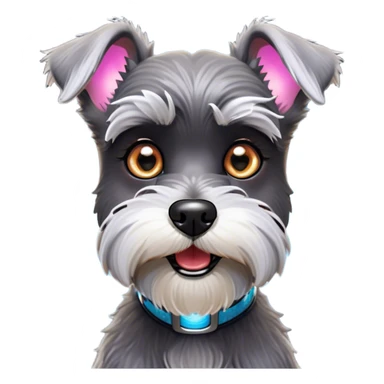 Cinematic Comical Miniature Schnauzer Portrait Emoji, Head tilted dramatically with a comically shocked expression and large, animated eyes, featuring a sharply defined salt-and-pepper fur with exaggerated, humorous eyebrows, simplified yet hilariously detailed, glowing with a bold, playful radiance, high shine, exuding a spirited and cheeky charm, styled with a soft glowing outline, capturing the essence of a Miniature Schnauzer that appears ready to dash into a burst of comic energy! sticker