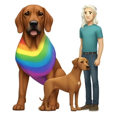 white male with long rainbow colored hair standing alongside a brown rhodesian ridgeback sticker