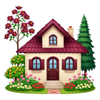 A dacha with a burgundy tiled roof and a garden sticker