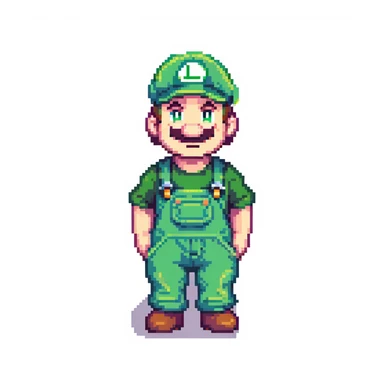 Luigi character in classic green hat and overalls, pixel art style sticker