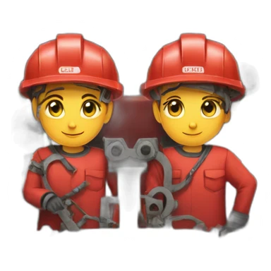 a team of two people dismantling industrial machinery wearing red uniforms with an "S" drawn as a logo. sticker