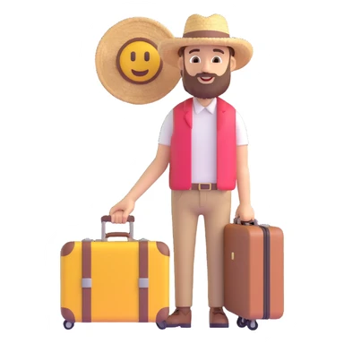 Make the bearded man with suitcase look younger while keeping the straw hat and travel vibe, in 3D emoji style, with no background. sticker