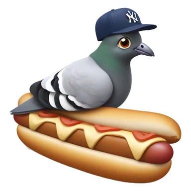pigeon wearing New York yankee hat while lying on a hot dog sticker
