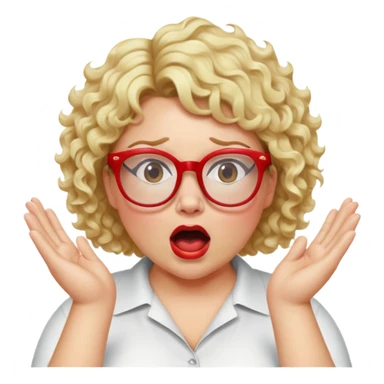 Blonde woman with short curly hair, slightly overweight, wearing glasses with red frames, shouting with hands on each side of her mouth sticker
