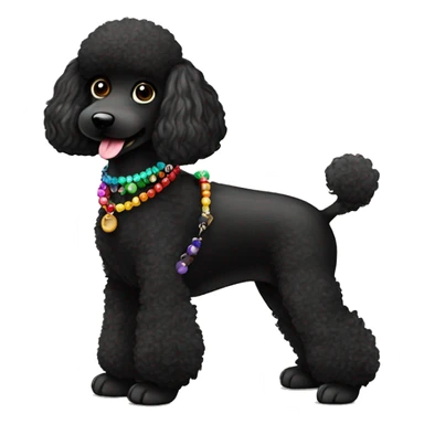 3 legs One Small furry Black Poodle with one  colorful bead necklaces with brown harness sticker