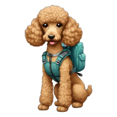 Light brown poodle with a backpack sticker