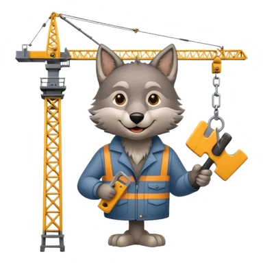  a joyful gray wolf sits on a tower crane and holds a saw in his hands sticker