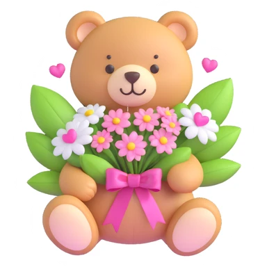 a teddy bear with a pink bow on its head, holding a bouquet of white flowers with green leaves and pink ribbon, and small pink hearts floating around sticker