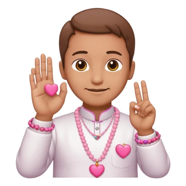 cheerful uncle wearing white takke, pink skirt, holding prayer beads, making heart sign with fingers, saying 'uwu', emoji style sticker