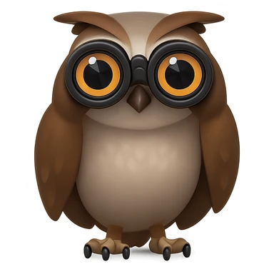 Сова смотрит в прямо на зрителя в бинокль, прозрачный фон sticker