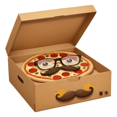 pizza take-out box with glassess and mustache sticker