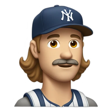 white man with long brown hair and ny baseball cap and mustache sticker