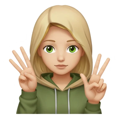 Blonde shoulder-length hair with a brown hoodie with a beautiful font, green eyes and a light skin tone, you should also see a hand that shows peace sticker