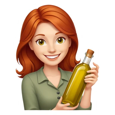redhead woman with big smile holding olive oil bottle sticker