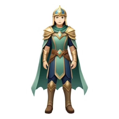 An icon featuring a hero with a closed visor, standing in a majestic, mystical landscape, inspired by RPGs like Elden Ring. The design includes a stunning, ethereal background with towering castles and distant mountains, symbolizing the adventure and mystery. Transparent background sticker