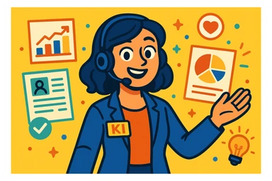 KI-Mitarbeiterin mit Headset und HR-typischen Accessoires, die positive Energie und Ermutigung vermittelt, einladender lebendiger Vibrant Toon Stil sticker