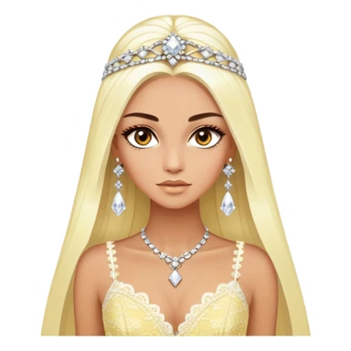 enchantress goddess with brown eyes and tanned skin and super long straight platinum blonde hair wearing a embellished light yellow and white lace gown and diamond chanel earrings sticker