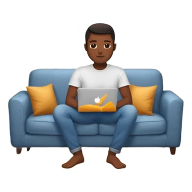 Homme développeur de teint noir, assis dans un coin cosy de son salon un week-end, ordinateur portable ouvert affichant du code. Lumière naturelle douce, ambiance calme. Habillé simplement (t-shirt clair, jean ou short), tasse de café/thé à côté. sticker