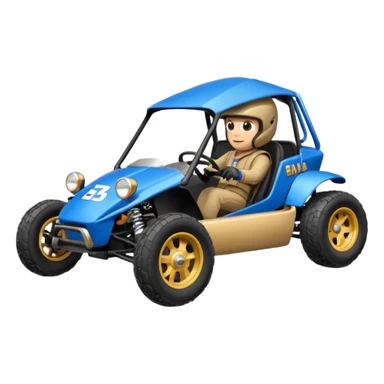 A small blue and gold dune buggy featuring a driver in a motorcycle helmet, with the word "BAJA" displayed on the side panel. sticker