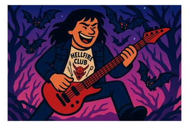 Add several demobats flying around Eddie Munson as he plays guitar in the Upside Down. Keep the shadows light and the outlines very dark and defined. Use vibrant toon style with a wide aspect ratio (16:9). The image should be ideal for post-editing. sticker