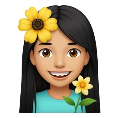 Woman with big teeth, a little tan and long straight black hairs with sticker