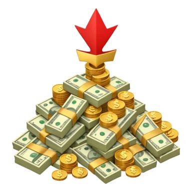 a pile of money with red arrow up sticker