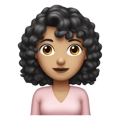 White woman with long black curly hair and bangs and dark brown eyes, wearing a pastel pink dress sticker