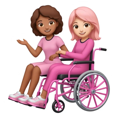 One peach skin sister pushing her brown skin sister in a pink wheelchair sticker