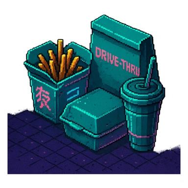 cyberpunk futuristic, 3d isometric, item image, video game item, inventory icon, the image depicts a small box of takeout, takeaway, chinese takeout food, delivery food. futuristic drive-through, fries, bag and drink. dystopian. pixelated retro video game graphics sticker