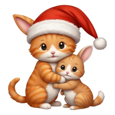Happy Cute Kitten wearing a Santa hat hugging a cute bunny in a Santa hat  sticker