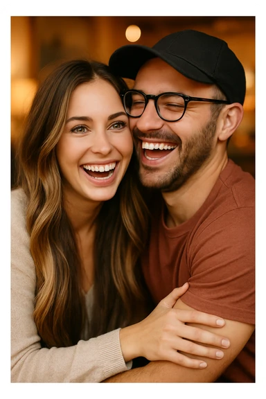 A couple laughing together: the woman has green eyes, very long brown-blonde balayage hair; the man has strong arms, brown eyes, a cap, glasses, very short dark chestnut hair, and light skin. sticker