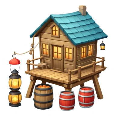 
fisherman house on a wooden pier, small dock, fishing nets hanging, barrels, lantern, ocean vibe, 3D cartoon, cute mobile game icon, clean background, no text
 sticker