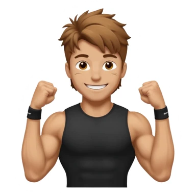 Gym rat with light brown hair and black t shirt, and messy hair. And muscular ,and happy a little sticker