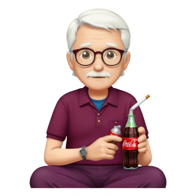 Older man with white hair, glasses, red college shirt, dark plum colored trousers, has a cap on and a clock on his wrist, sitä with cigarette and coca-cola bottle sticker