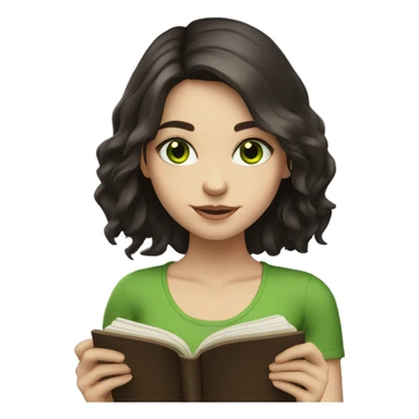 Girl with green eyes, shoulder length dark brown hair, pale skin, reading a book  sticker