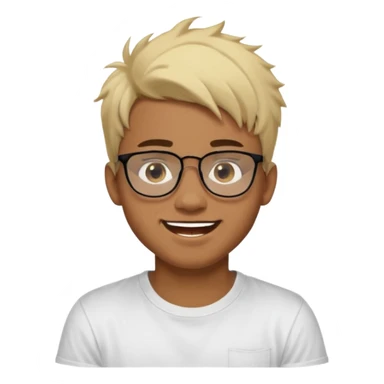 Teenager. Short buzz, messy blonde hair. Dark brown bushy eyebrows large expressive golden-brown eyes, brown skin color, scar over nose, wearing a plain white t-shirt. wearing clear thick black glasses. 20 year old male. laugh facial expression. brown skin color.  sticker
