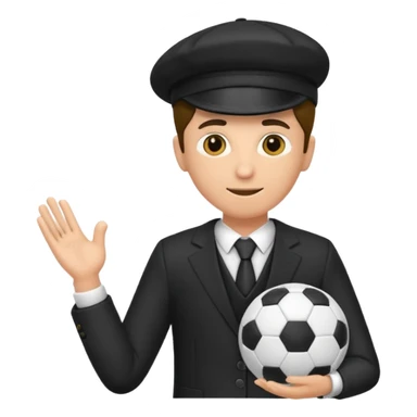 Director tecnico de futbol, con un traje negro, gorra y un balon de futbol bajo el brazo sticker