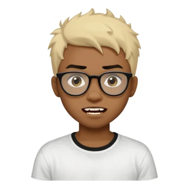 Black Male Teenager with Short punk messy blonde hair, Dark brown bushy eyebrows large expressive golden-brown eyes, wearing a plain white t-shirt, wearing thick black glasses, Dark Brown skin color. vampire tooth sticker