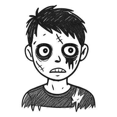 Add more zombie details such as greenish skin, visible stitches, and a scar. Keep the messy black emo hair and black shirt. No background. sticker