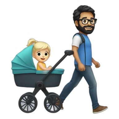 Black haired man with beard and glasses pushing buggy with blonde baby sticker
