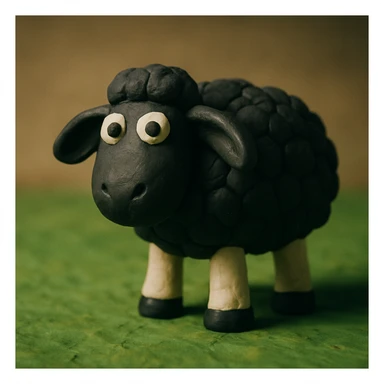 sheep with black wool standing on green grass, visible fingerprints, matte plasticine look, claymation style sticker