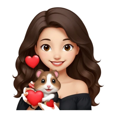 modern clean emoji of a young woman with medium skin, long wavy dark brown hair, black off-shoulder top, soft friendly smile, expressive warm eyes, playful hamster on her shoulder winking and holding a tiny red heart, cheerful charming confident style, subtle gradient background sticker