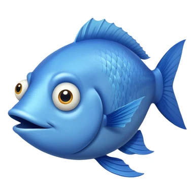 ridiculously derpy blue fish with crossed eye and silly underbite, perfect flat side profile facing right, exactly 90 degrees, completely 2D like a paper cutout, only one eye visible, absolute side view sticker