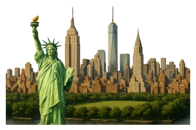 cinematic realistic emoji of New York City wide city view with iconic landmarks Statue of Liberty Empire State Building One World Trade Center Chrysler Building Central Park lifelike detail accurate colors bright daytime lighting no sky no clouds no city name label sticker